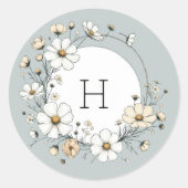 Sage Green Monogram Boho Blume Personalisiert Runder Aufkleber (Vorderseite)
