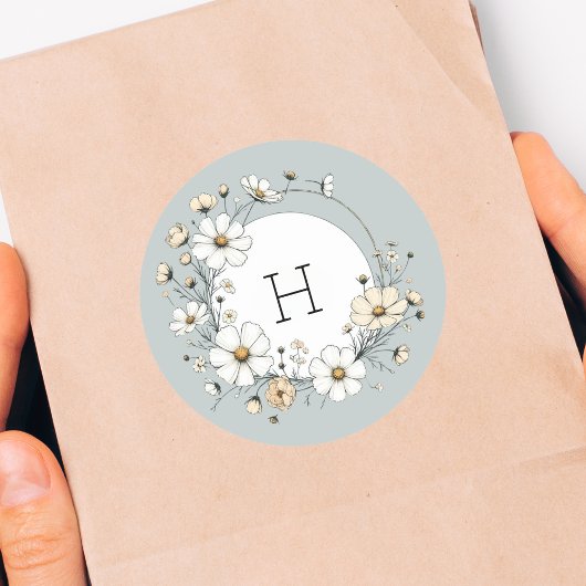 Sage Green Monogram Boho Blume Personalisiert Runder Aufkleber