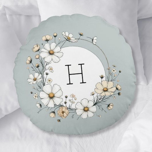 Sage Green Monogram Boho Blume Personalisiert Rundes Kissen