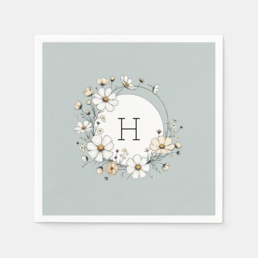 Sage Green Monogram Boho Blume Personalisiert Serviette (Vorderseite)