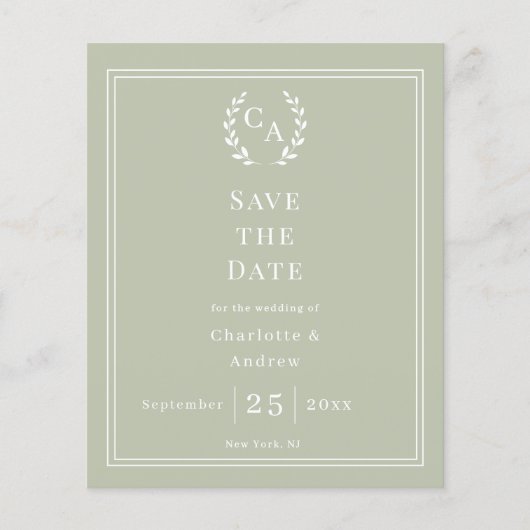Sage green monogram budget wedding Save the Date  Flyer (Vorne)