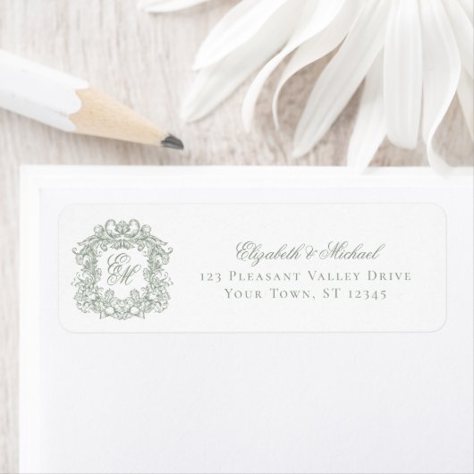 Sage Green Monogram Crest Wedding Return Address (Insitu)
