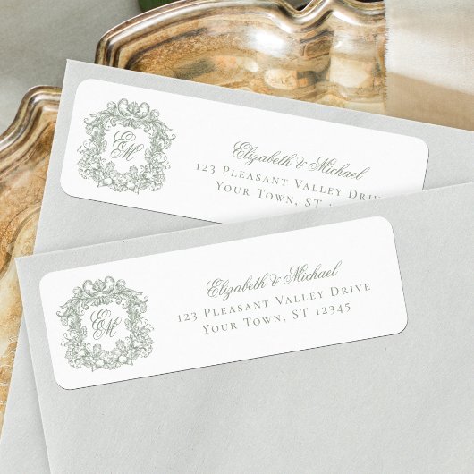 Sage Green Monogram Crest Wedding Return Address