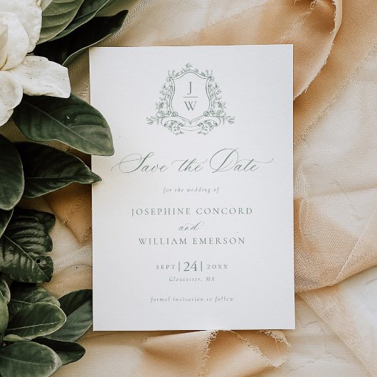 Sage Green Monogram Floral Wappen Wedding Save The Date