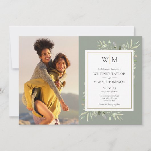 Sage Green Monogram Greenerity Foto Wedding Einladung (Vorderseite)