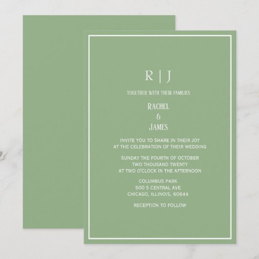 Sage Green Monogram Initials Elegant Wedding Einladung (Vorne/Hinten)