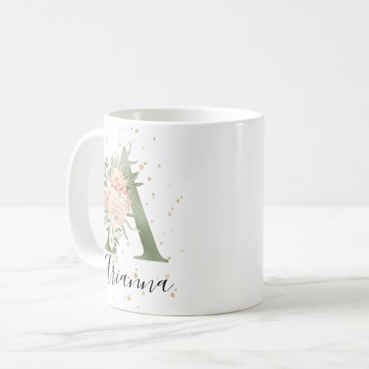 Sage Green Monogram Letter A Peach Beige Floral Kaffeetasse (Vorderseite Links)
