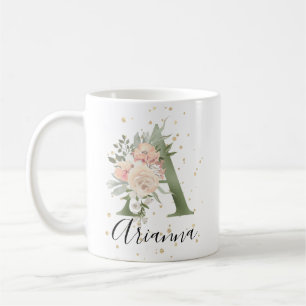 Sage Green Monogram Letter A Peach Beige Floral Kaffeetasse