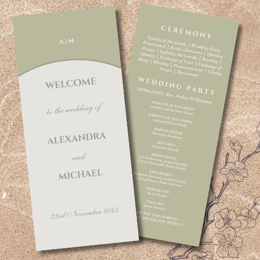 Sage Green Monogram Minimalistisch Japandi Wedding Programm