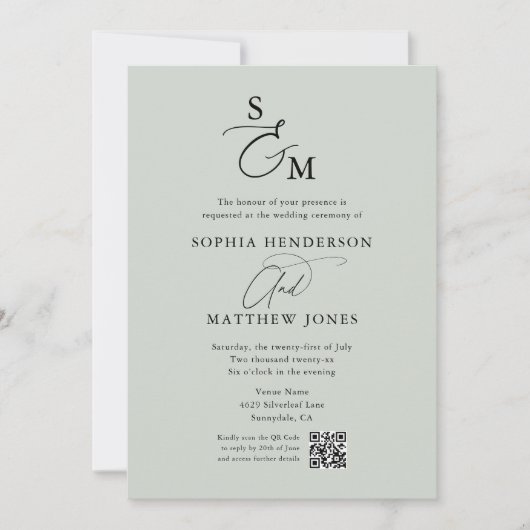 Sage Green Monogram QR Code Foto Hochzeit Einladung (Vorderseite)