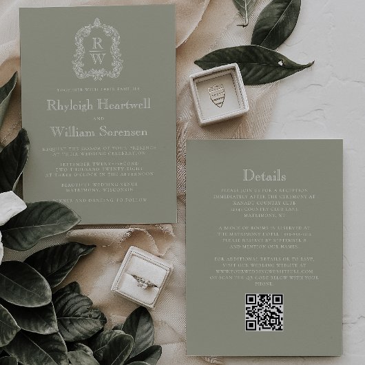 Sage Green Monogram Wappen QR Code Hochzeiten Einladung