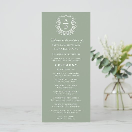 Sage Green Monogram Wappen Wedding Program (Stehend Vorderseite)