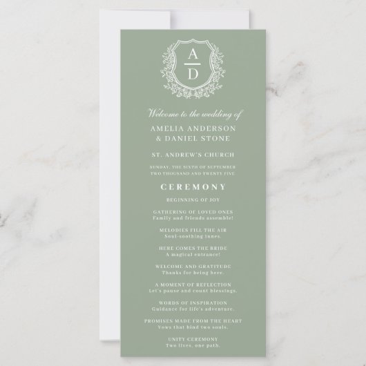 Sage Green Monogram Wappen Wedding Program (Vorderseite)