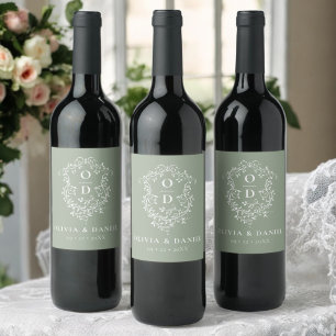 Sage Green Monogram Wedding Floral Wappen Weinetikett