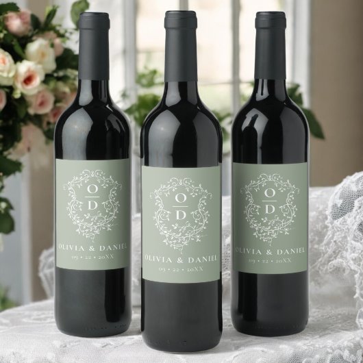 Sage Green Monogram Wedding Floral Wappen Weinetikett