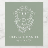Sage Green Monogram Wedding Floral Wappen Weinetikett (Einzelnes Label)