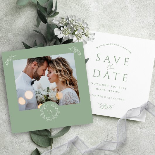 Sage Green Monogram Wedding Save the Date Card