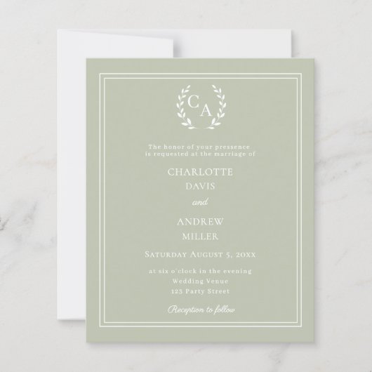 Sage green monogram wreath wedding invitation (Vorderseite)