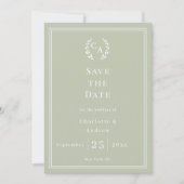 Sage green monogram wreath wedding save the date (Vorderseite)