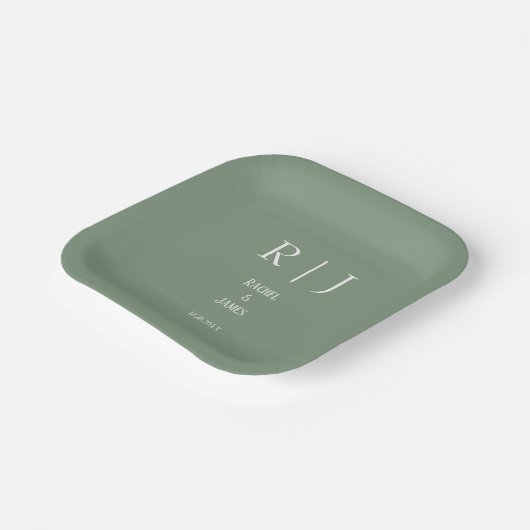 Sage Green Monogramme Minimal Moderne einfache Hoc Pappteller (Gewinkelt)