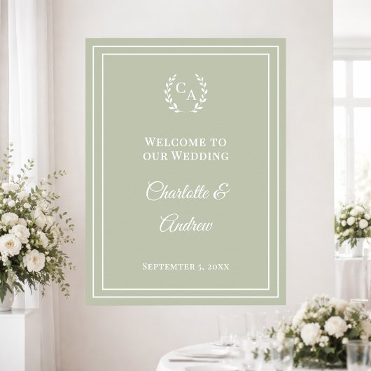 Sage green monogrammed elegant wedding welcome poster