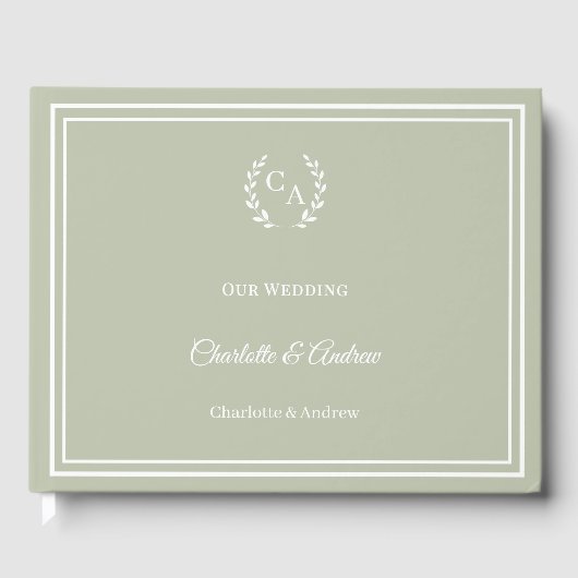 Sage green monogrammed wreath wedding gästebuch (Vorderseite)