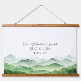 Sage Green Mountain Watercolor Wedding Gästebuch Wandteppich Mit Holzrahmen