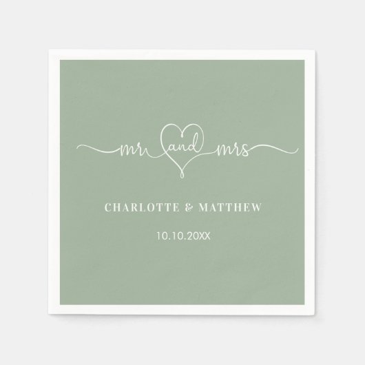 Sage green mr mrs Herz Skript einfache Hochzeit Serviette (Vorderseite)