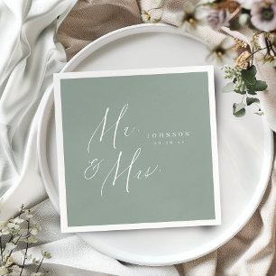 Sage Green Mr. und Mrs. Skript minimalistische Hoc Serviette