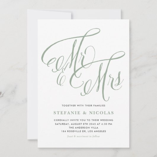 Sage Green Mrs. und Mrs. Rustic Script Wedding Einladung (Vorderseite)