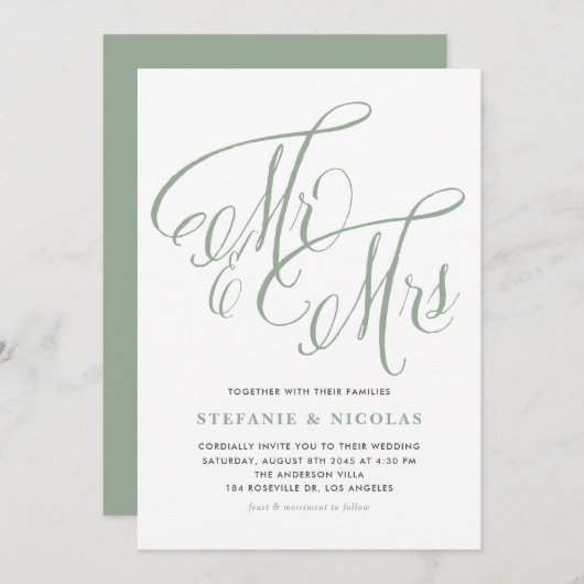 Sage Green Mrs. und Mrs. Rustic Script Wedding Einladung (Vorne/Hinten)