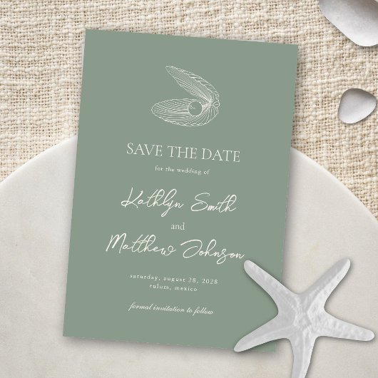 Sage Green Muschel Beach Ocean Hochzeit in Urlaubs Save The Date