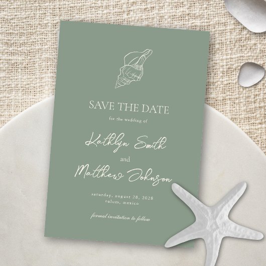 Sage Green Muschel Beach Ocean Hochzeit in Urlaubs Save The Date