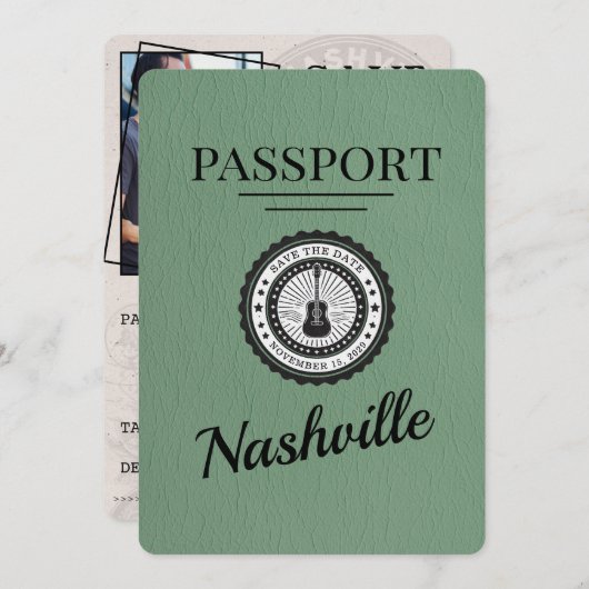 Sage Green Nashville Passport Save the Date (Vorne/Hinten)