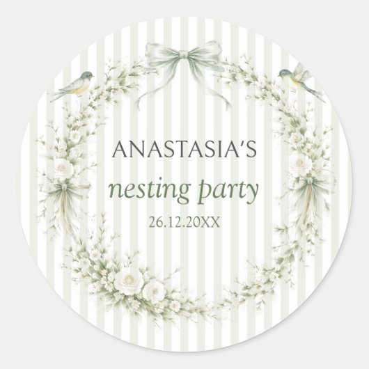 Sage Green Nesting Party Baby Shower Runder Aufkleber (Vorderseite)