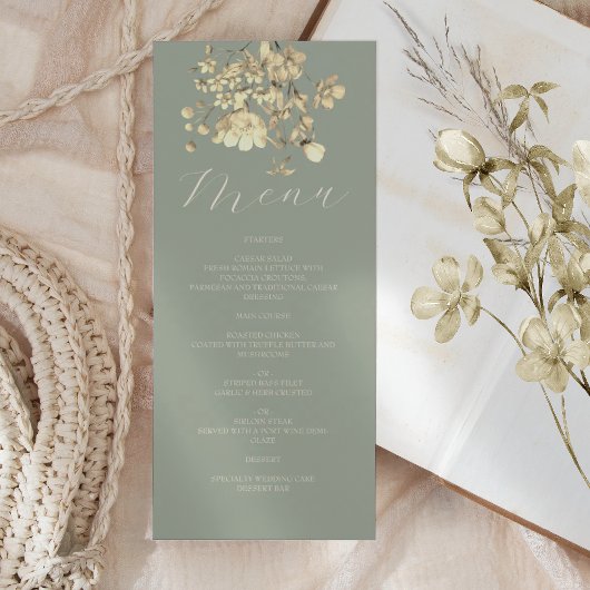 Sage Green Neutral Floral Wedding Menükarte