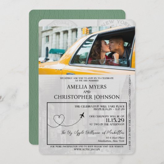 Sage Green New York City Passport Hochzeit Einladung (Vorne/Hinten)