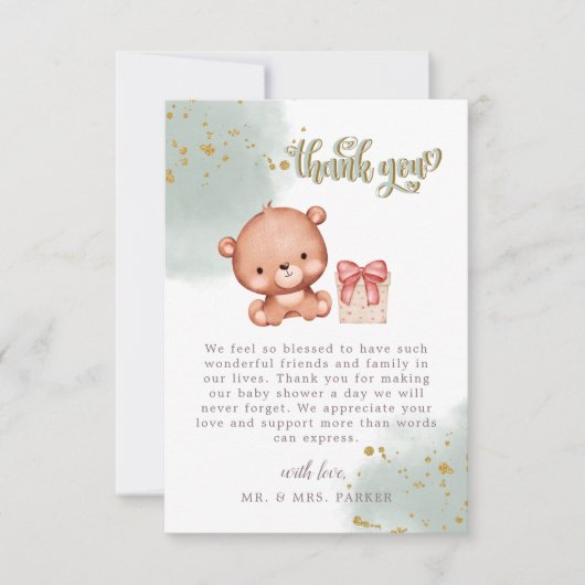 Sage Green Niedlich Bear Watercolor Herzendusche Dankeskarte (Vorderseite)