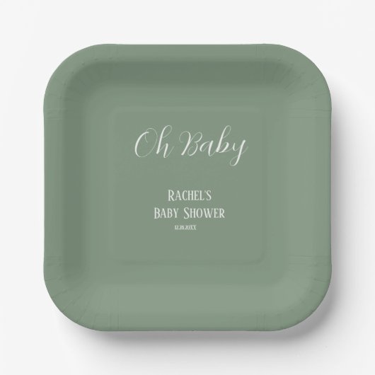 Sage Green Oh Baby Script Niedlich Moderne Babydus Pappteller (Vorderseite)