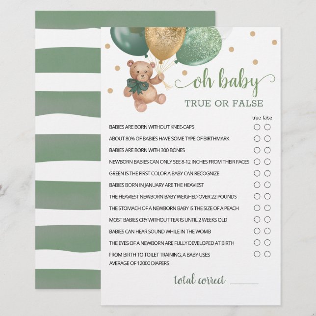 Sage Green Oh Baby True oder False Game Teddy Bär (Vorne/Hinten)