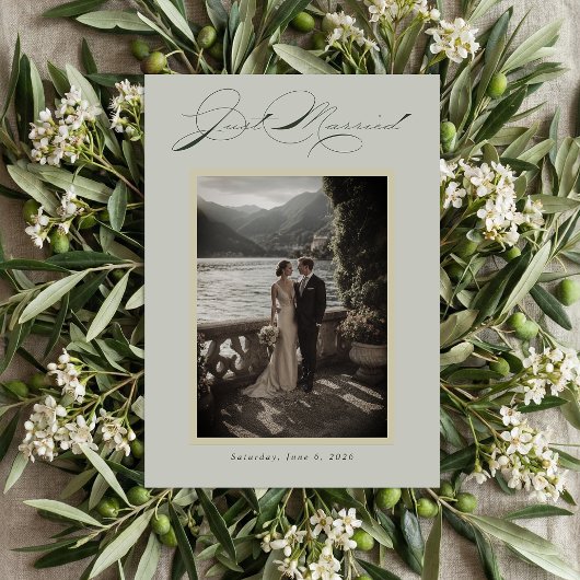 Sage Green Olive Branch Monogram Just Married Feiertagskarte