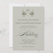 Sage Green Olive Branch Monogram Photo Wedding Einladung (Vorderseite)