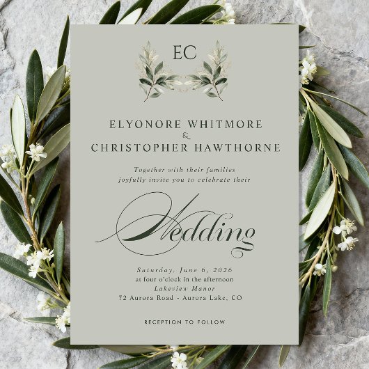 Sage Green Olive Branch Monogram Photo Wedding Einladung