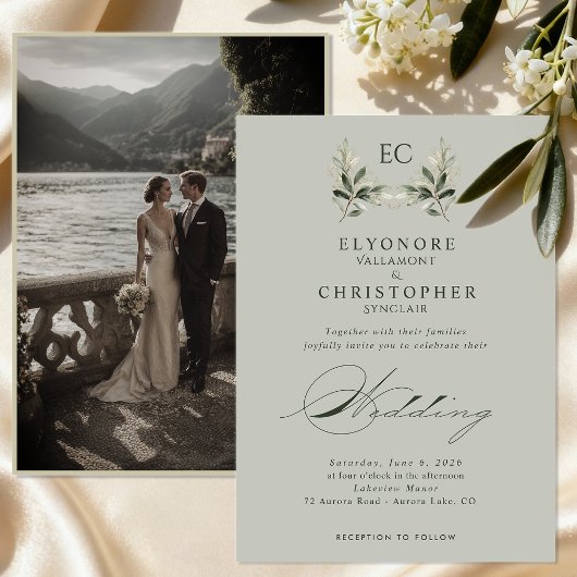 Sage Green Olive Branch Monogram Photo Wedding Einladung