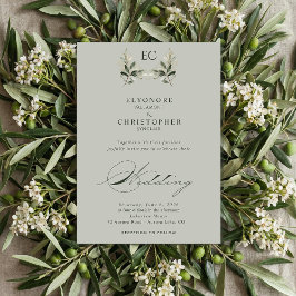 Sage Green Olive Branch Monogram Photo Wedding Einladung