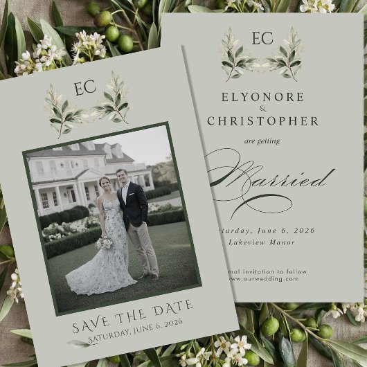 Sage Green Olive Branch Monogram Photo Wedding Save The Date