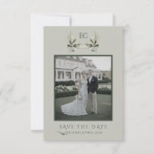 Sage Green Olive Branch Monogram Photo Wedding Save The Date (Vorderseite)