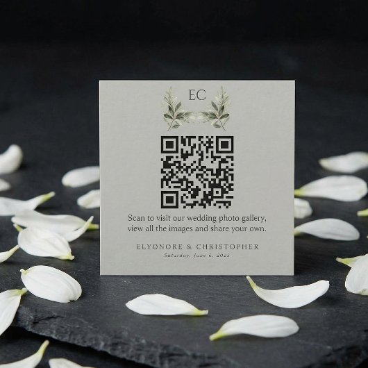 Sage Green Olive Branch Monogram Photos QR Code  Begleitkarte