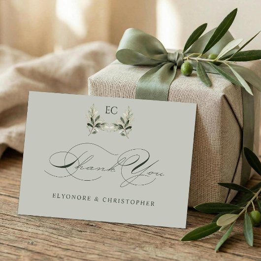 Sage Green Olive Branch Monogram Wedding Dankeskarte