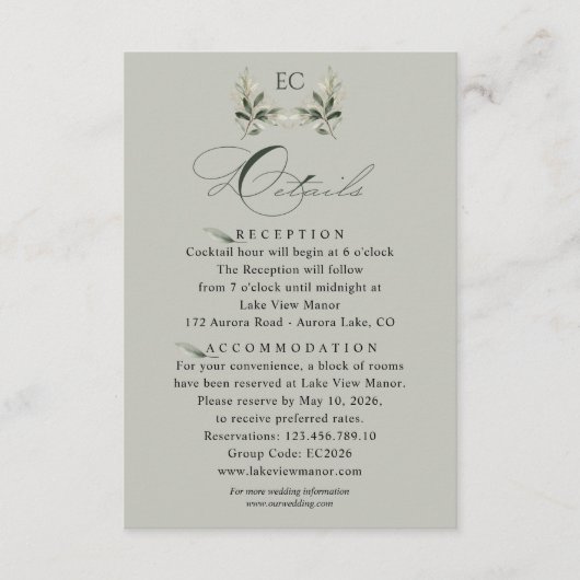 Sage Green Olive Branch Monogram Wedding Details  Begleitkarte (Vorderseite)